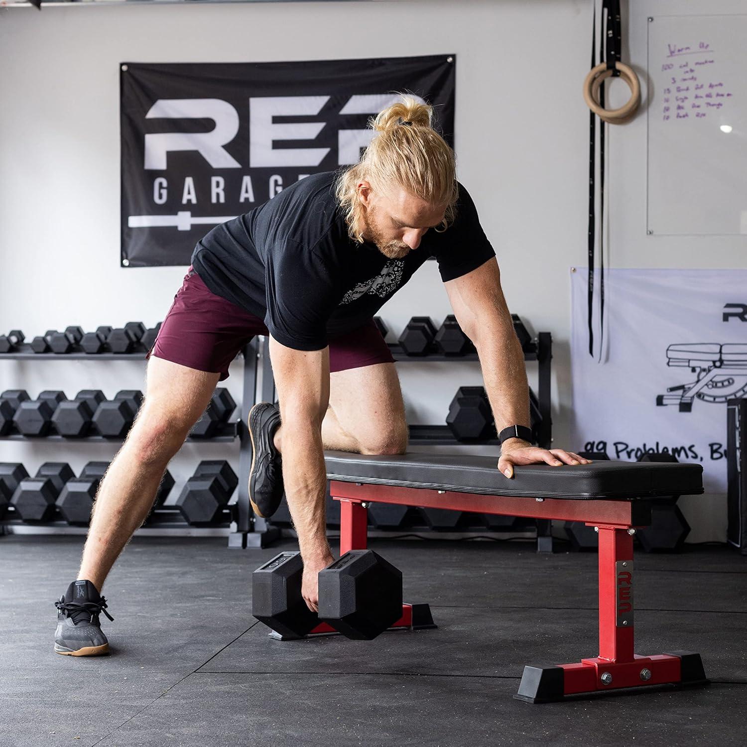 imageREP Fitness Flat Weight Bench Heavy Duty Workout Bench For Home Gym Folding Fitness Equipment For Strength Training Adjustable Utility Platform For Dumbbells Barbell Lifting And Core ExercisesRed