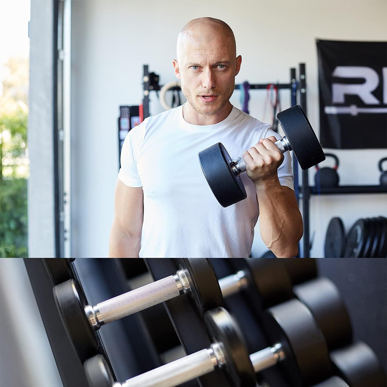 imageREP Fitness Urethane Coated Round Dumbbells 5 to 100 lbs Singles or Pairs With or Without Rack Steel Core Rubber Encased Chrome Handles Professional Weights for Home Gym Strength Training575 lb set with 3 Tier Rack