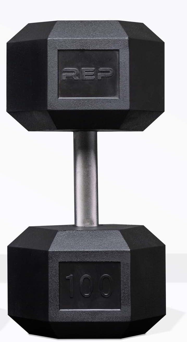 imageRep Fitness Rubber Hex Dumbbells Singles 55LB and Pairs 5LB 50LB Low Odor Fully Knurled Handle100 LB SINGLE DB