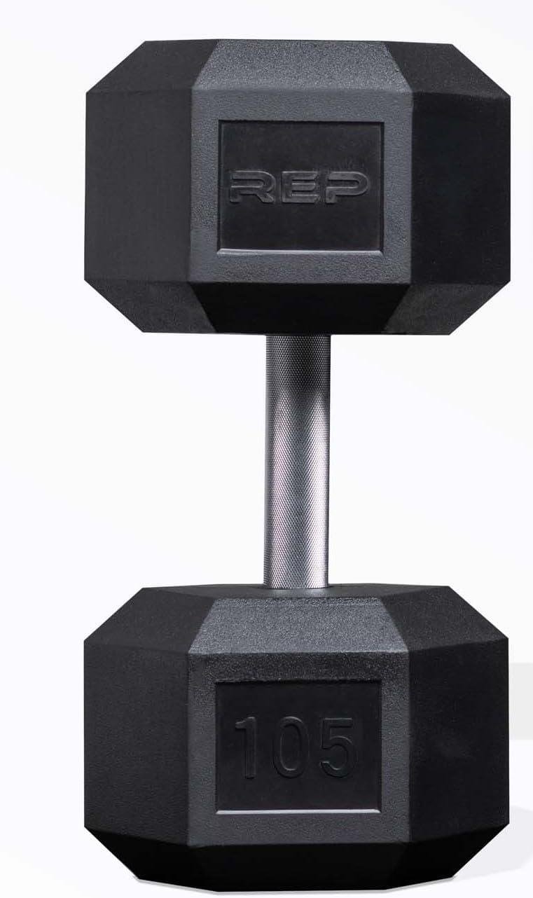 imageRep Fitness Rubber Hex Dumbbells Singles 55LB and Pairs 5LB 50LB Low Odor Fully Knurled Handle105 LB SINGLE DB
