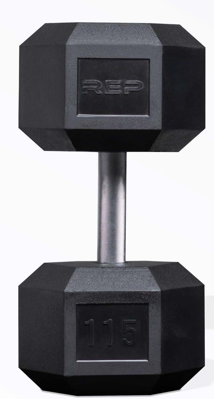 imageRep Fitness Rubber Hex Dumbbells Singles 55LB and Pairs 5LB 50LB Low Odor Fully Knurled Handle115 LB SINGLE DB