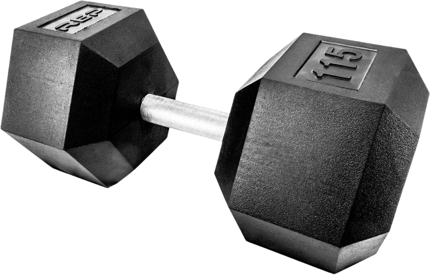 imageRep Fitness Rubber Hex Dumbbells Singles 55LB and Pairs 5LB 50LB Low Odor Fully Knurled Handle115 LB SINGLE DB