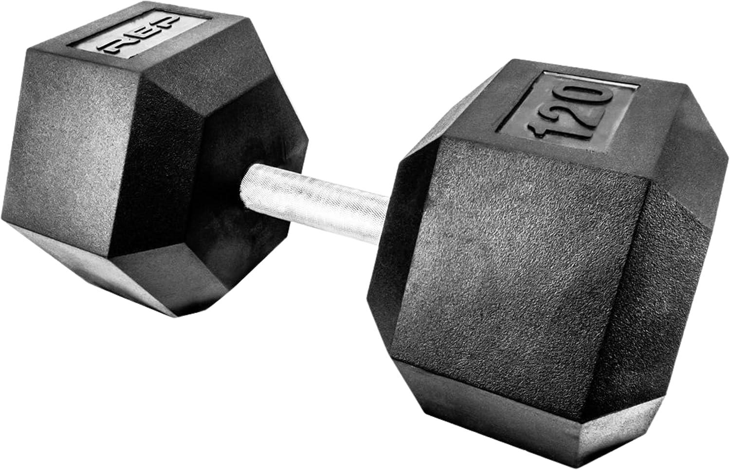 imageRep Fitness Rubber Hex Dumbbells Singles 55LB and Pairs 5LB 50LB Low Odor Fully Knurled Handle120 LB SINGLE DB