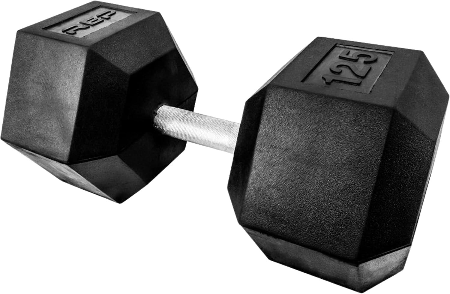 imageRep Fitness Rubber Hex Dumbbells Singles 55LB and Pairs 5LB 50LB Low Odor Fully Knurled Handle125 LB SINGLE DB