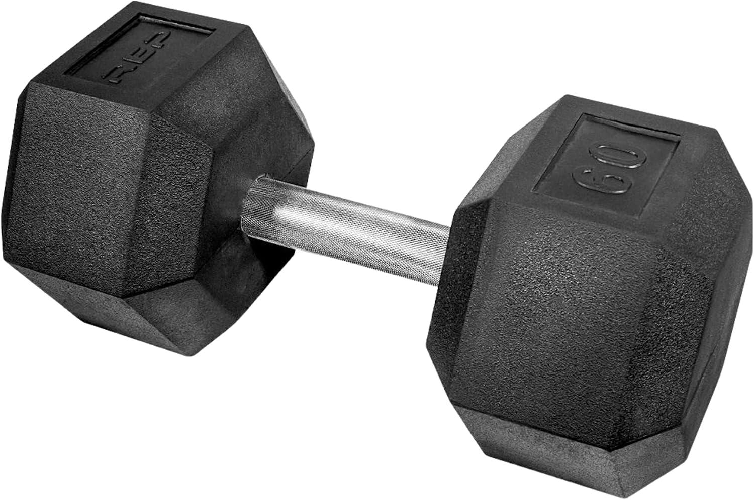 imageRep Fitness Rubber Hex Dumbbells Singles 55LB and Pairs 5LB 50LB Low Odor Fully Knurled Handle60 LB SINGLE DB