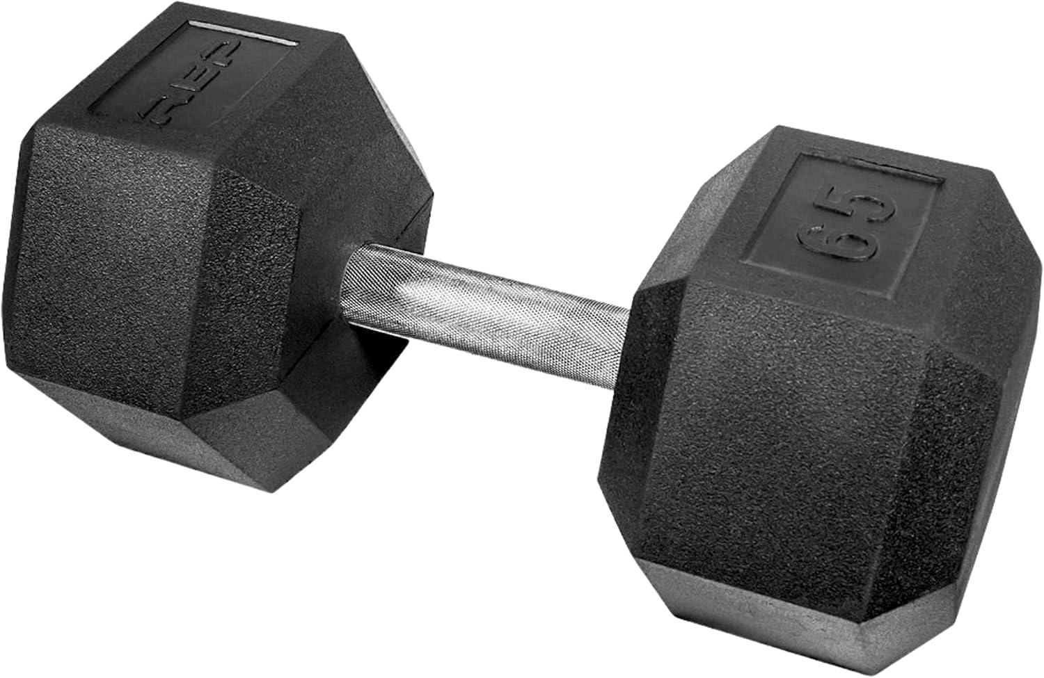 imageRep Fitness Rubber Hex Dumbbells Singles 55LB and Pairs 5LB 50LB Low Odor Fully Knurled Handle65 LB SINGLE DB
