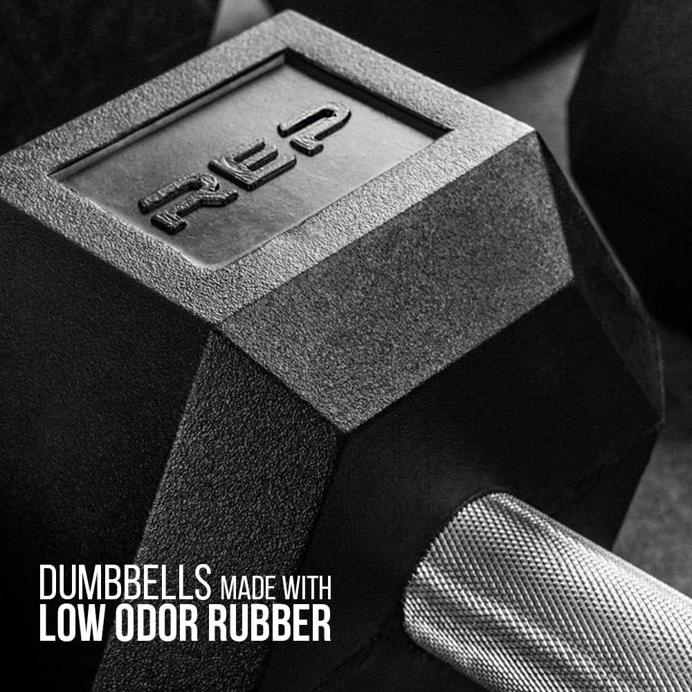 imageRep Fitness Rubber Hex Dumbbells Singles 55LB and Pairs 5LB 50LB Low Odor Fully Knurled Handle65 LB SINGLE DB