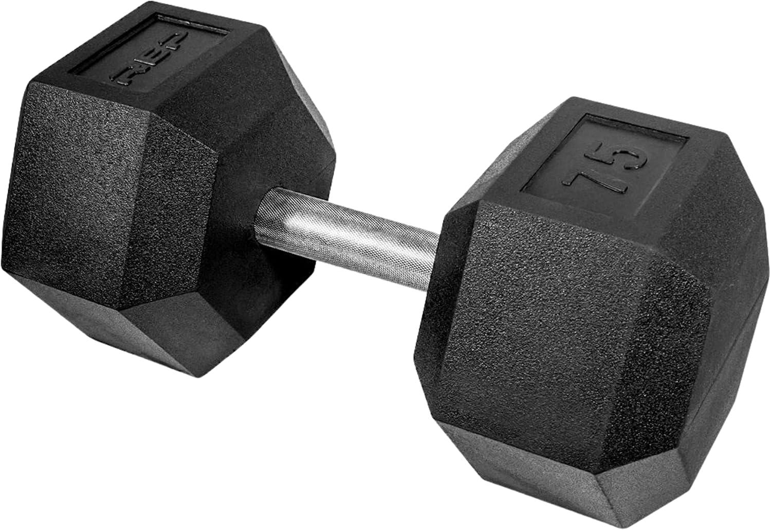 imageRep Fitness Rubber Hex Dumbbells Singles 55LB and Pairs 5LB 50LB Low Odor Fully Knurled Handle75 LB SINGLE DB