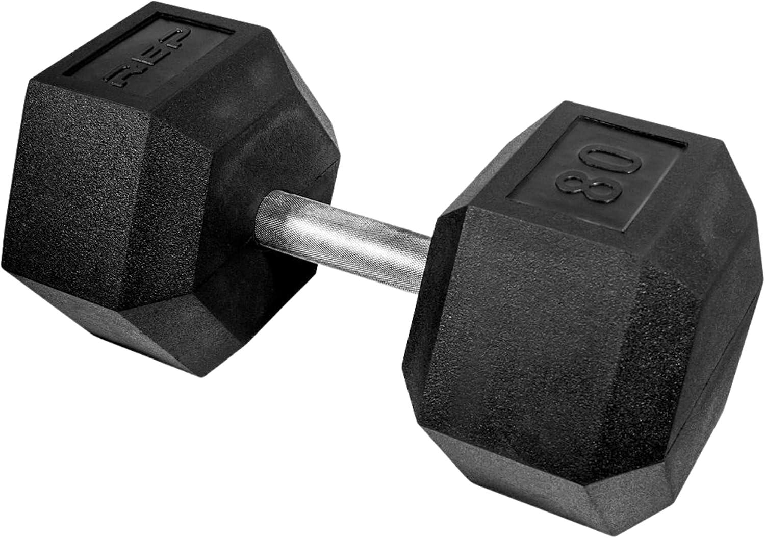 imageRep Fitness Rubber Hex Dumbbells Singles 55LB and Pairs 5LB 50LB Low Odor Fully Knurled Handle80 LB SINGLE DB