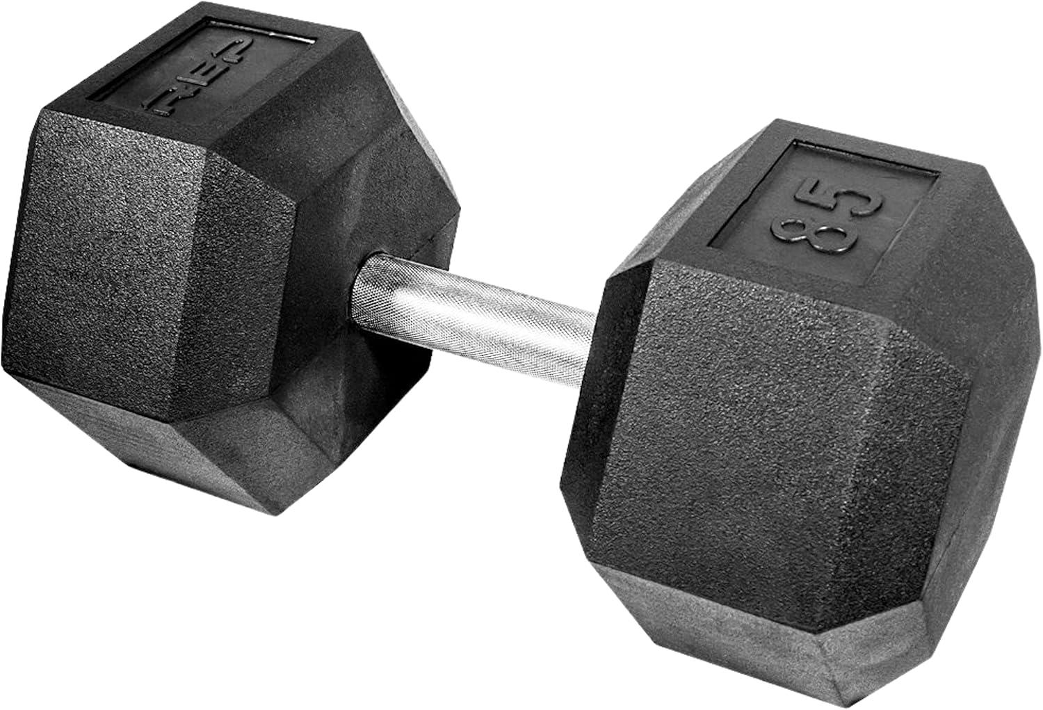 imageRep Fitness Rubber Hex Dumbbells Singles 55LB and Pairs 5LB 50LB Low Odor Fully Knurled Handle85 LB SINGLE DB