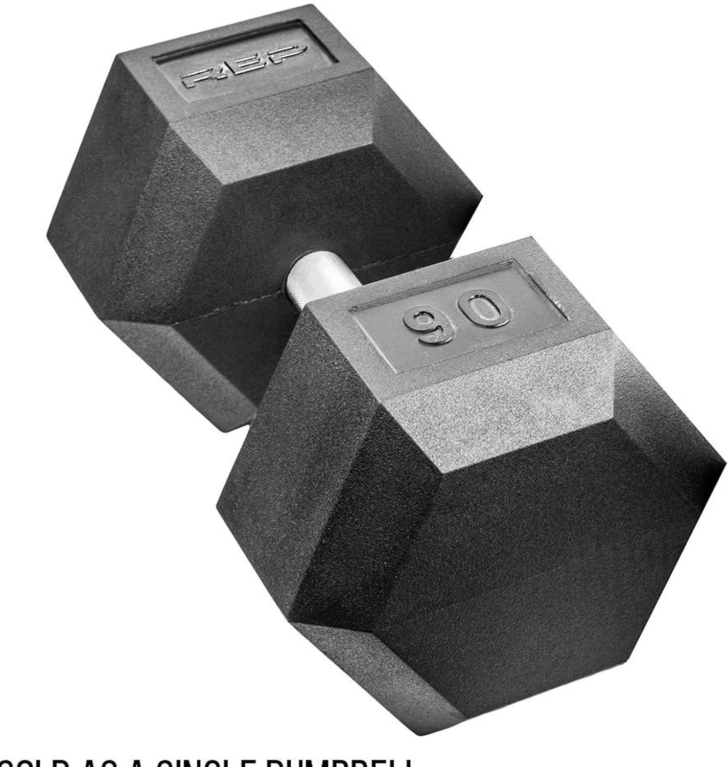imageRep Fitness Rubber Hex Dumbbells Singles 55LB and Pairs 5LB 50LB Low Odor Fully Knurled Handle90 LB SINGLE DB