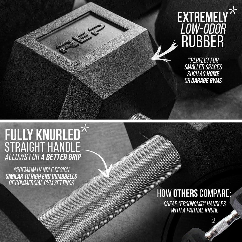 imageRep Fitness Rubber Hex Dumbbells Singles 55LB and Pairs 5LB 50LB Low Odor Fully Knurled Handle95 LB SINGLE DB