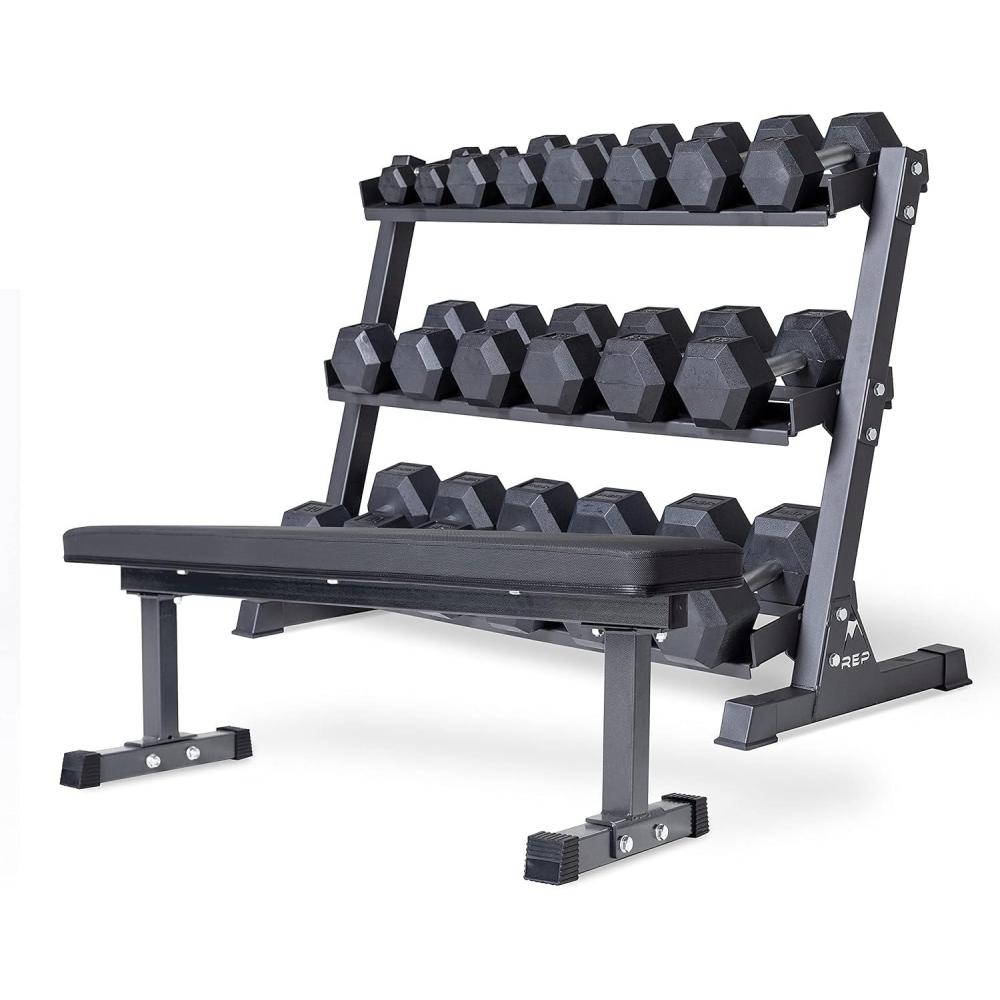 imageREP FITNESS Dumbbell Set with Bench 550 575 or 5100 Rubber Hex Dumbbell Set with Either Flat or Adjustable BenchOptionA 550withFlat