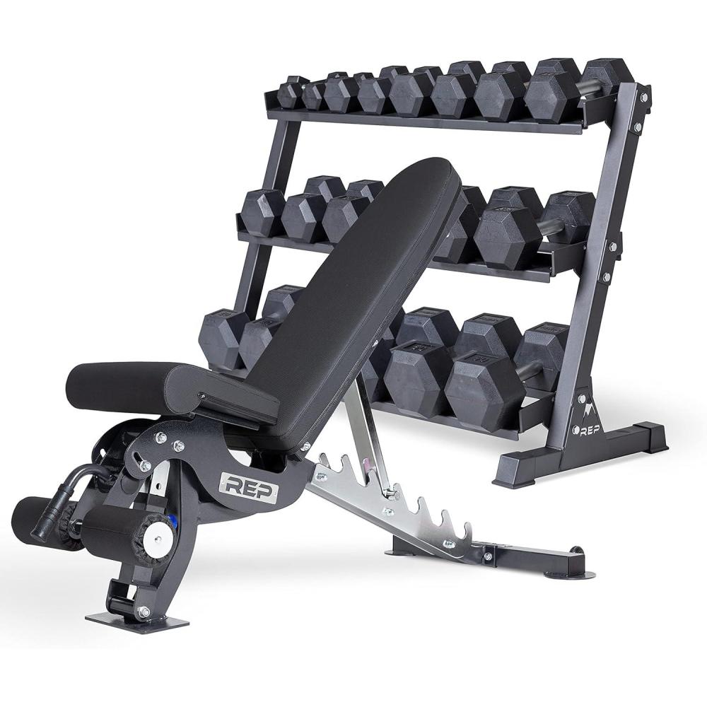 imageREP FITNESS Dumbbell Set with Bench  550 575 or 5100 Rubber Hex Dumbbell Set with Either Flat or Adjustable BenchOptionB 550withAdj