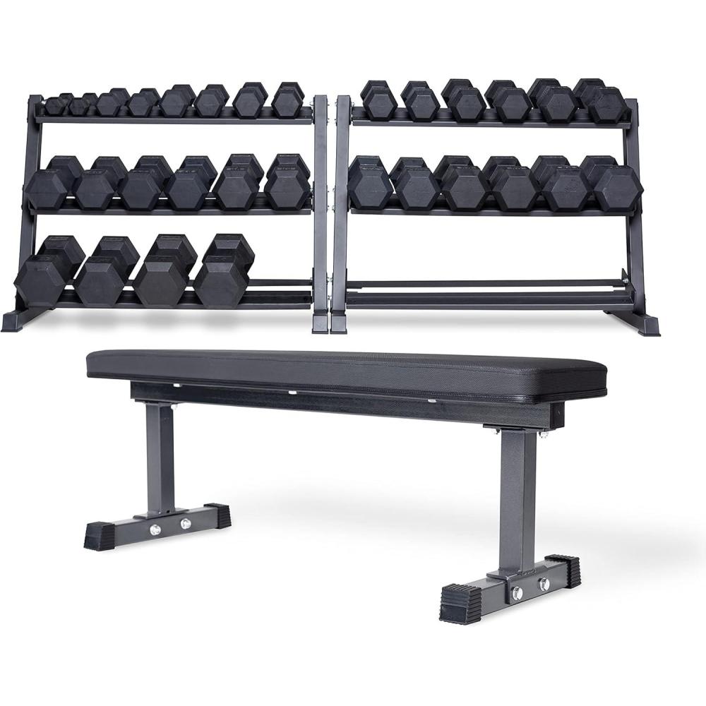 imageREP FITNESS Dumbbell Set with Bench  550 575 or 5100 Rubber Hex Dumbbell Set with Either Flat or Adjustable BenchOptionC 575withFlat