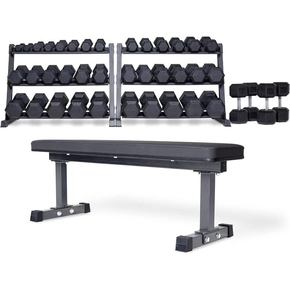 imageREP FITNESS Dumbbell Set with Bench  550 575 or 5100 Rubber Hex Dumbbell Set with Either Flat or Adjustable BenchOptionE 5100withFlat