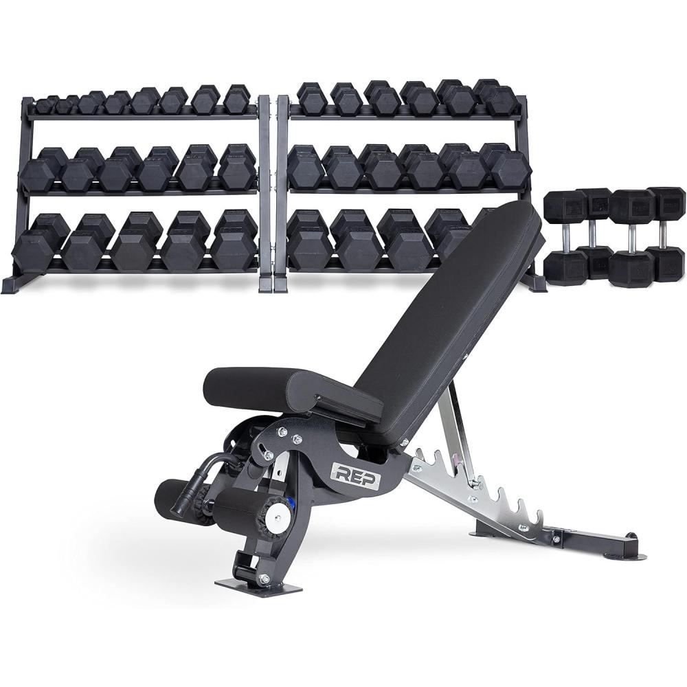 imageREP FITNESS Dumbbell Set with Bench  550 575 or 5100 Rubber Hex Dumbbell Set with Either Flat or Adjustable BenchOptionF 5100withAdj