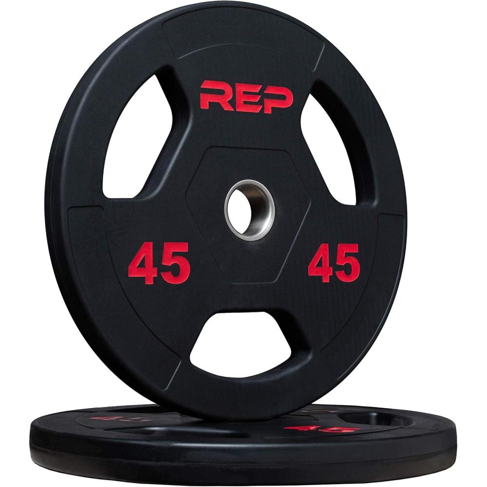 imageREP Fitness Rubber Coated Olympic Plates Updated Design TriGrip Olympic Barbell Weights Sold in Pairs and SetsF 45lb Pair