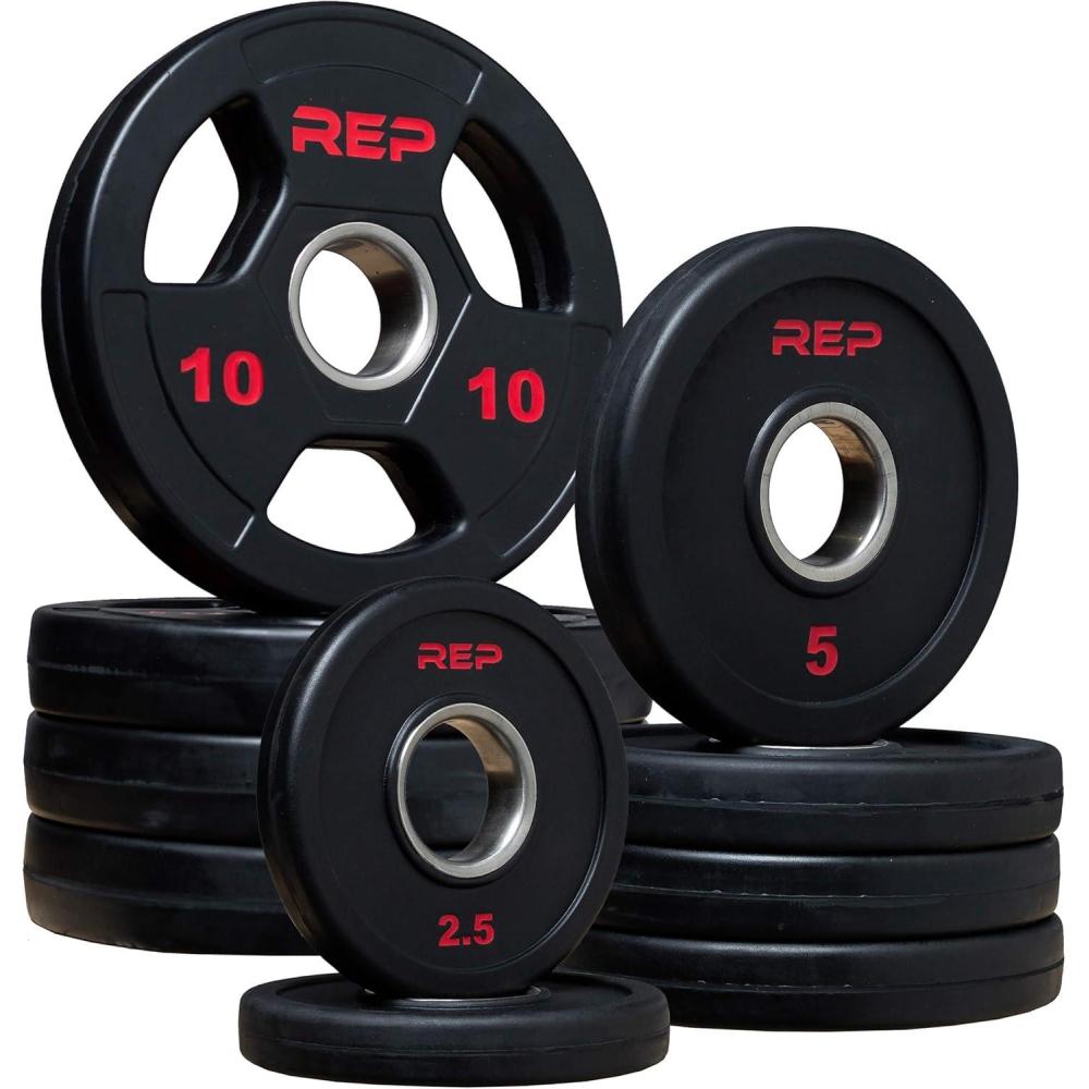 imageREP Fitness Rubber Coated Olympic Plates Updated Design TriGrip Olympic Barbell Weights Sold in Pairs and SetsH 65lb Set