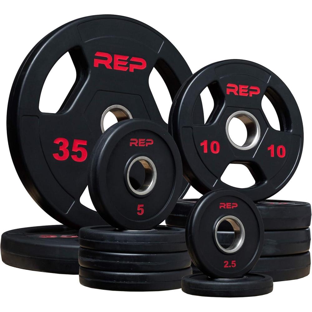 imageREP Fitness Rubber Coated Olympic Plates Updated Design TriGrip Olympic Barbell Weights Sold in Pairs and SetsL 135lb Set