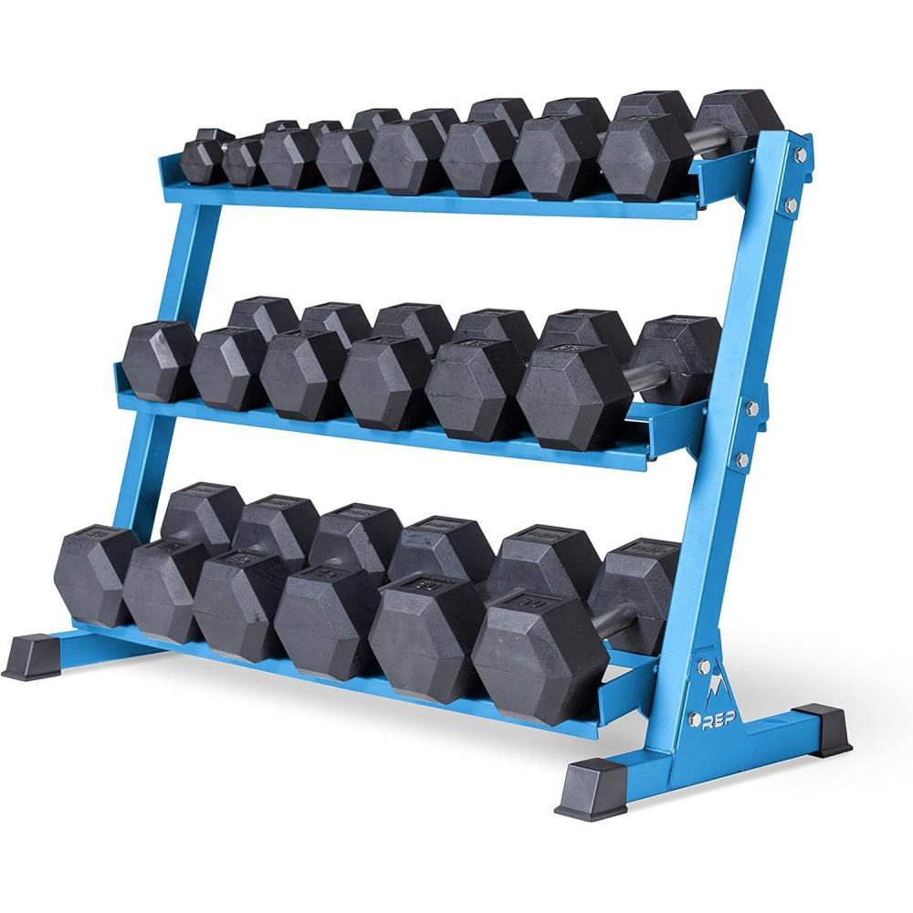 imageREP Fitness Rubber Hex Dumbbell Set Adjustable Weight Pairs Home Gym Equipment Strength Training For Men Women Black Coated Grips Workout Rack Storage Optional Heavy Lb Free Weights550 lb set Blue rack