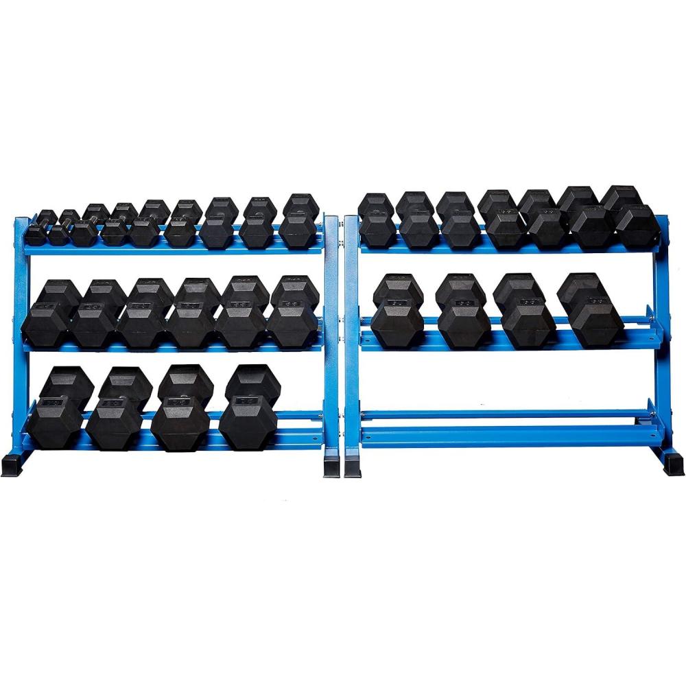 imageREP Fitness Rubber Hex Dumbbell Set Adjustable Weight Pairs Home Gym Equipment Strength Training For Men Women Black Coated Grips Workout Rack Storage Optional Heavy Lb Free Weights575 lb set Blue racks