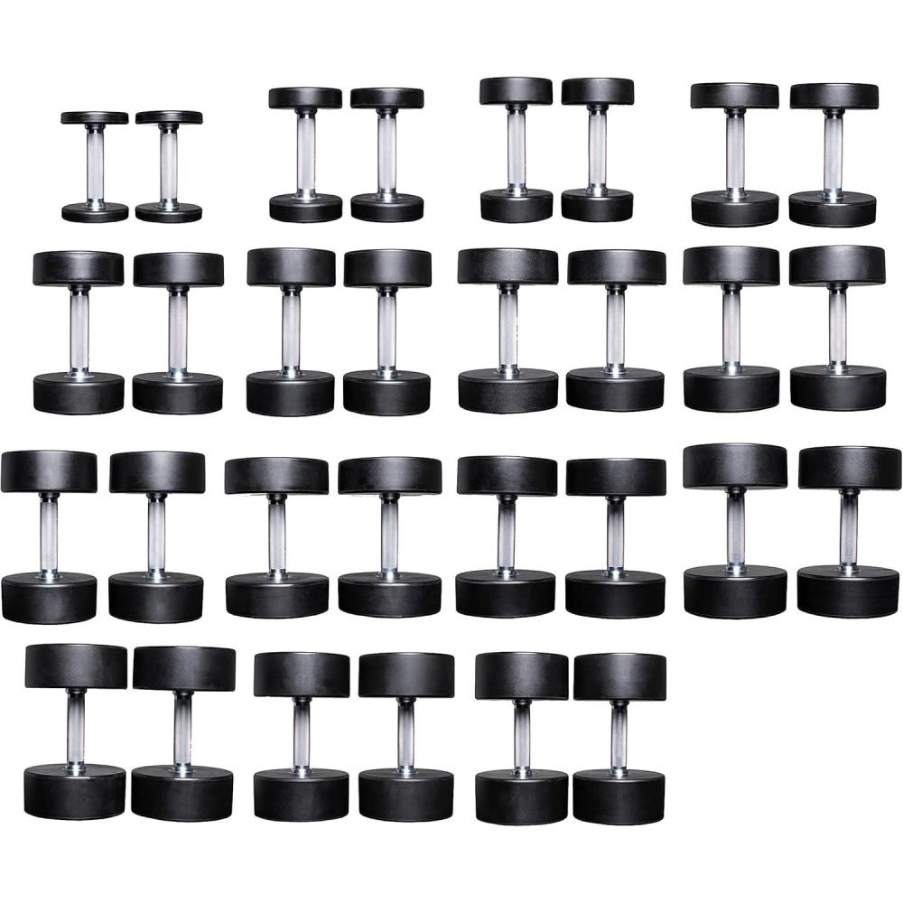imageREP Fitness Urethane Coated Round Dumbbells 5 to 100 lbs Singles or Pairs With or Without Rack Steel Core Rubber Encased Chrome Handles Professional Weights for Home Gym Strength Training575 lb set