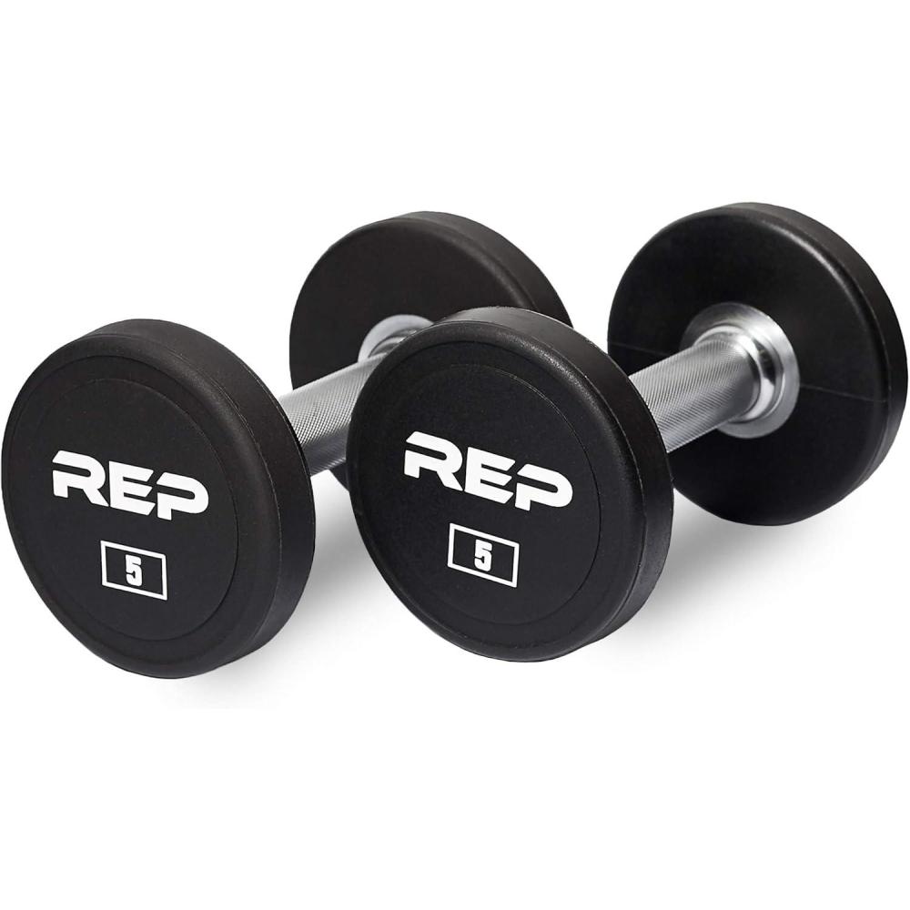 imageREP Fitness Urethane Coated Round Dumbbells 5 to 100 lbs Singles or Pairs With or Without Rack Steel Core Rubber Encased Chrome Handles Professional Weights for Home Gym Strength Training05 lb Pair