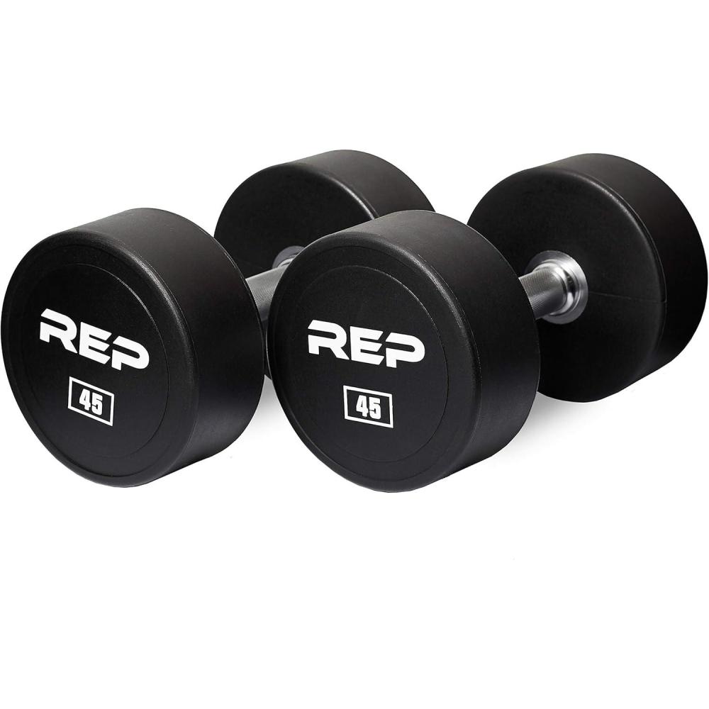 imageREP Fitness Urethane Coated Round Dumbbells 5 to 100 lbs Singles or Pairs With or Without Rack Steel Core Rubber Encased Chrome Handles Professional Weights for Home Gym Strength Training45 lb Pair