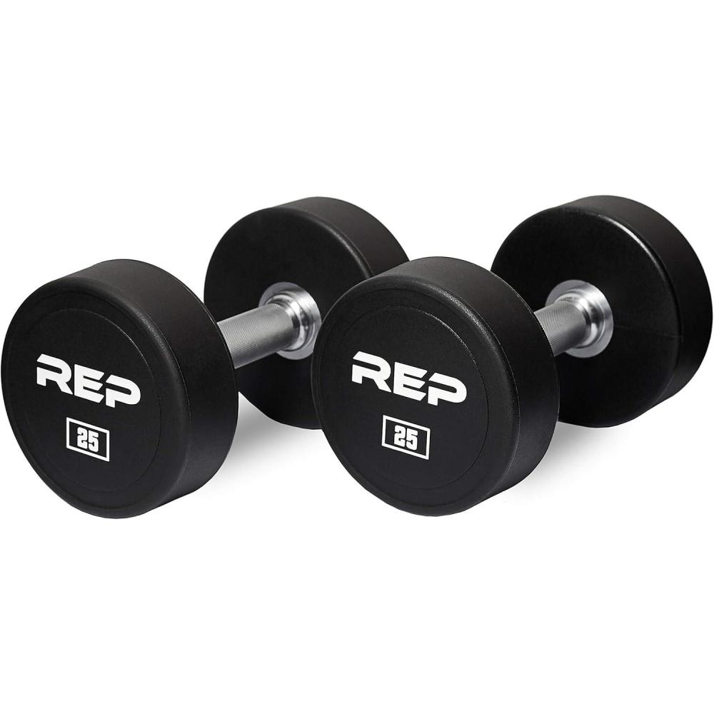 imageREP Fitness Urethane Coated Round Dumbbells 5 to 100 lbs Singles or Pairs With or Without Rack Steel Core Rubber Encased Chrome Handles Professional Weights for Home Gym Strength Training25 lb Pair