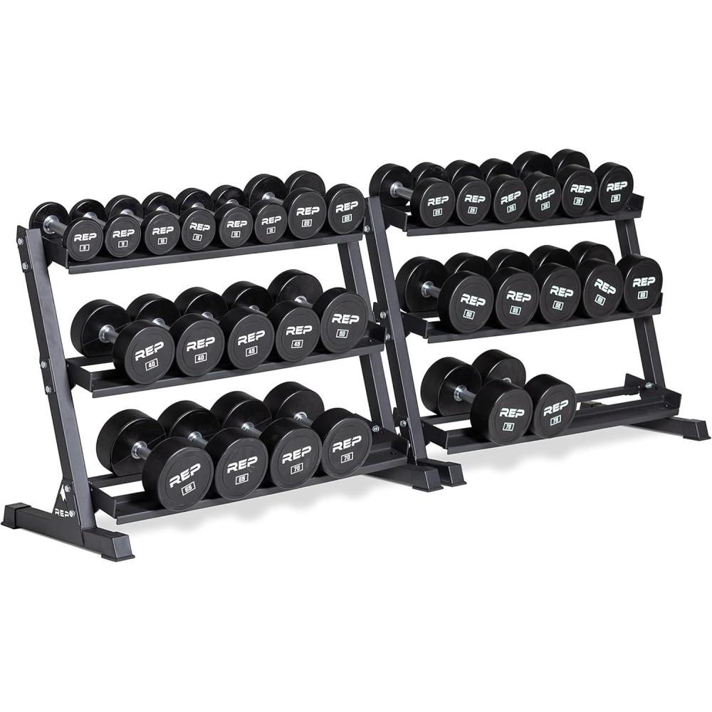 imageREP Fitness Urethane Coated Round Dumbbells 5 to 100 lbs Singles or Pairs With or Without Rack Steel Core Rubber Encased Chrome Handles Professional Weights for Home Gym Strength Training575 lb set with 3 Tier Rack