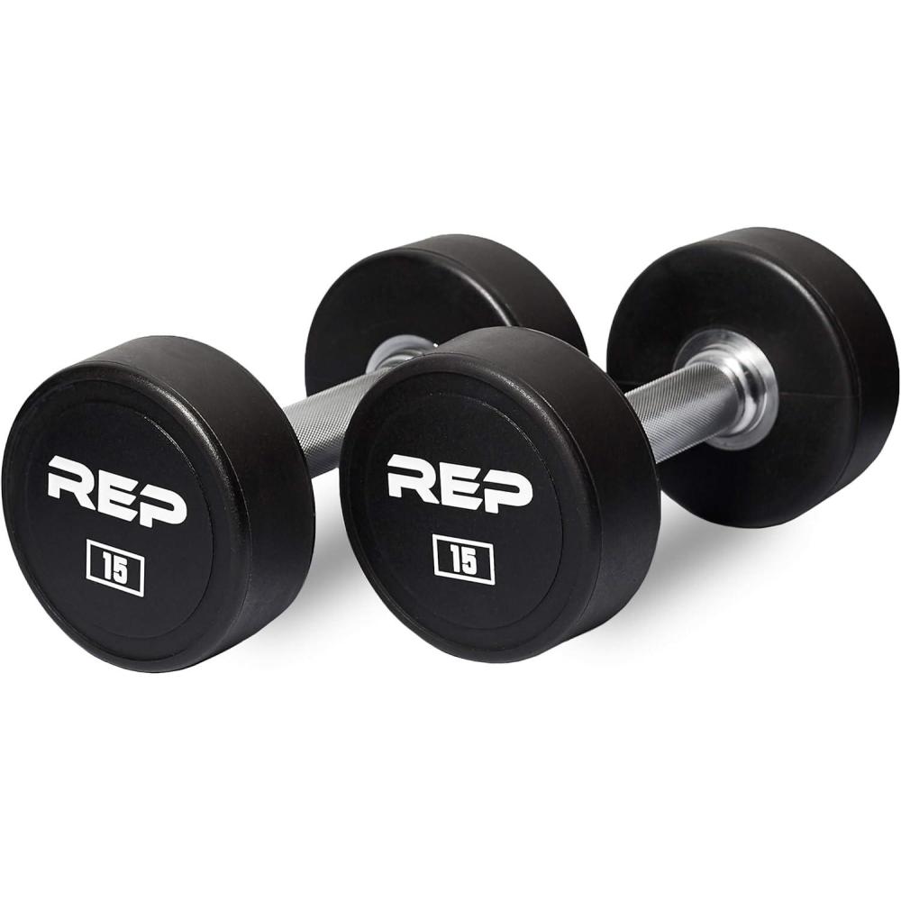 imageREP Fitness Urethane Coated Round Dumbbells 5 to 100 lbs Singles or Pairs With or Without Rack Steel Core Rubber Encased Chrome Handles Professional Weights for Home Gym Strength Training15 lb Pair
