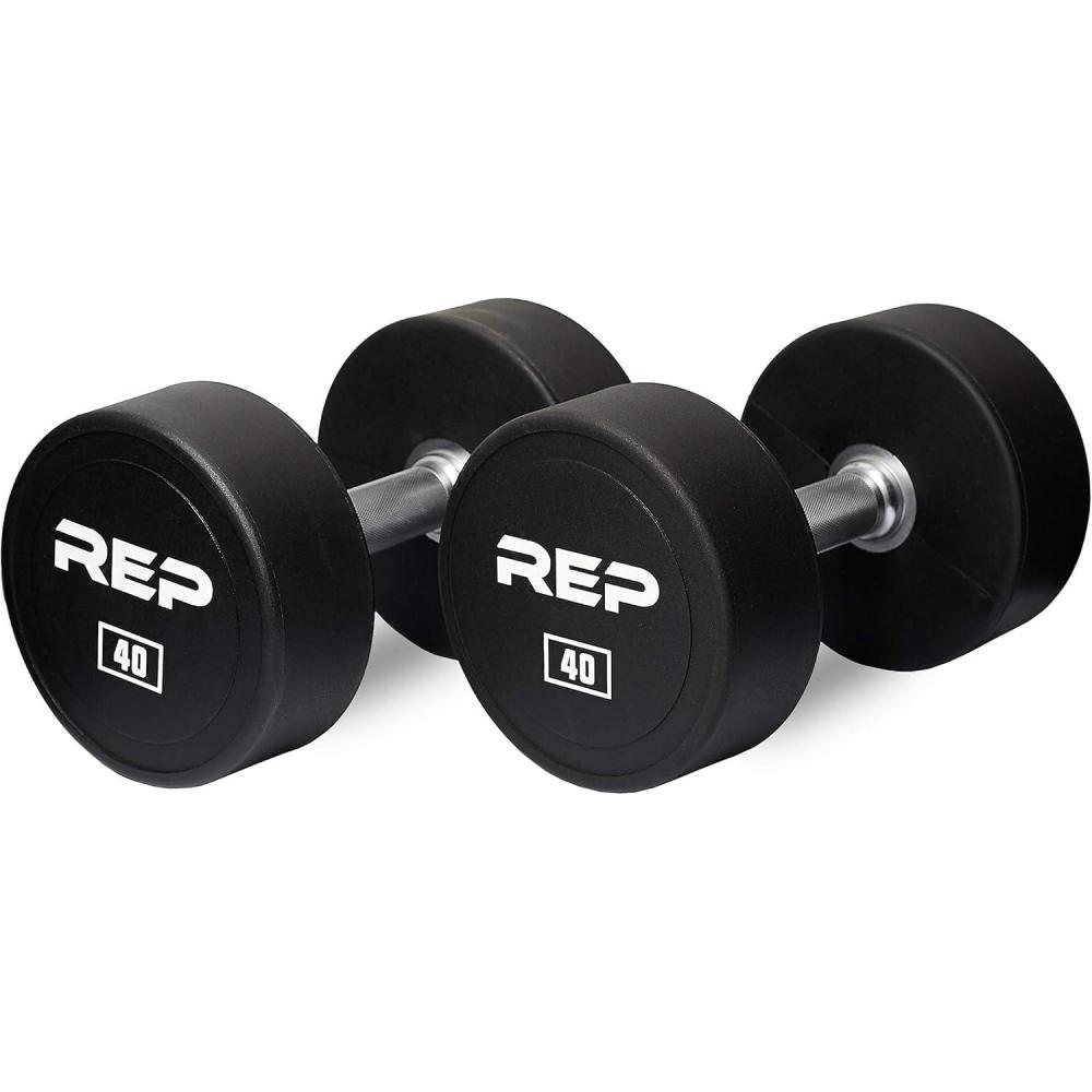 imageREP Fitness Urethane Coated Round Dumbbells 5 to 100 lbs Singles or Pairs With or Without Rack Steel Core Rubber Encased Chrome Handles Professional Weights for Home Gym Strength Training40 lb Pair
