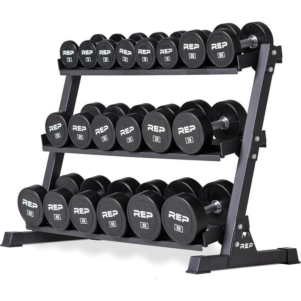 imageREP Fitness Urethane Coated Round Dumbbells 5 to 100 lbs Singles or Pairs With or Without Rack Steel Core Rubber Encased Chrome Handles Professional Weights for Home Gym Strength Training550 lb set with 3 Tier Rack