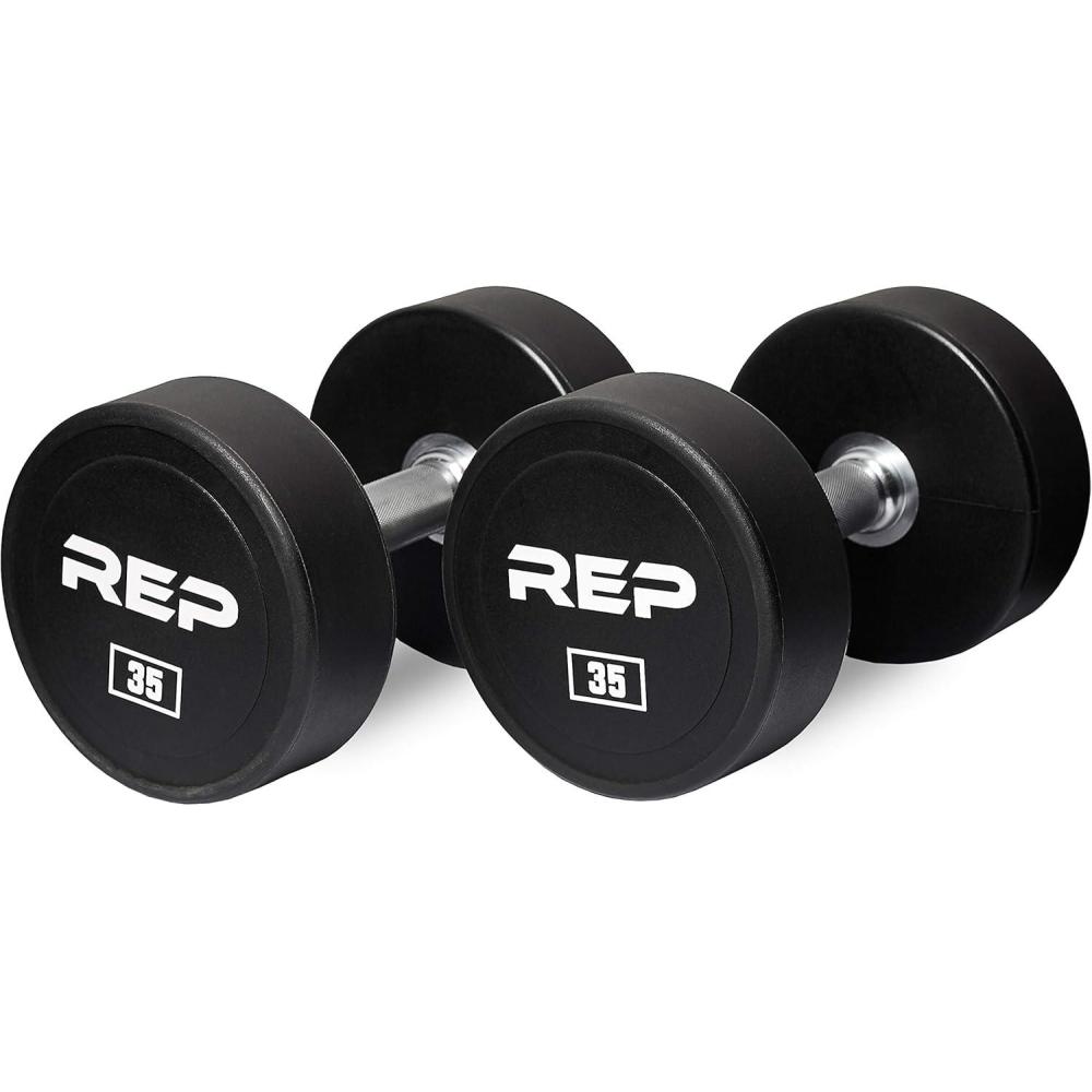 imageREP Fitness Urethane Coated Round Dumbbells 5 to 100 lbs Singles or Pairs With or Without Rack Steel Core Rubber Encased Chrome Handles Professional Weights for Home Gym Strength Training35 lb Pair