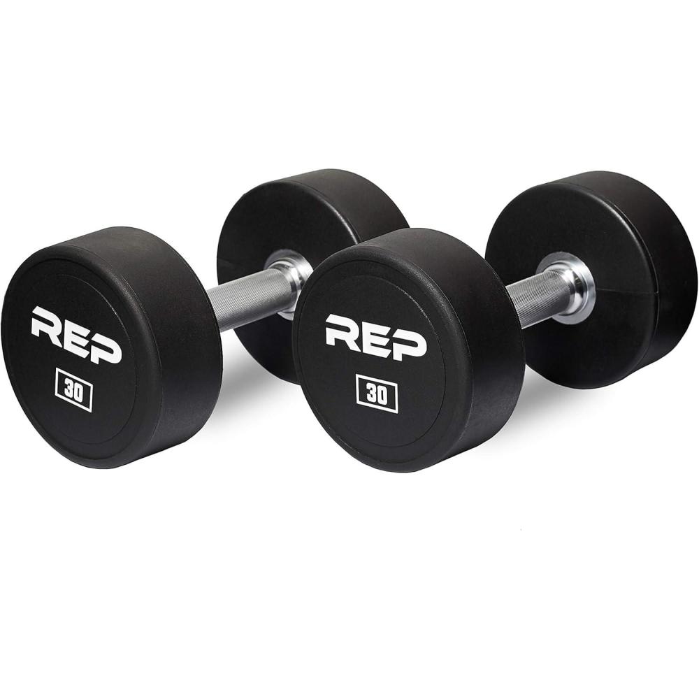 imageREP Fitness Urethane Coated Round Dumbbells 5 to 100 lbs Singles or Pairs With or Without Rack Steel Core Rubber Encased Chrome Handles Professional Weights for Home Gym Strength Training30 lb Pair