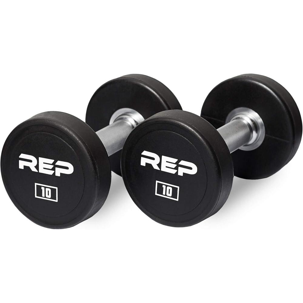imageREP Fitness Urethane Coated Round Dumbbells 5 to 100 lbs Singles or Pairs With or Without Rack Steel Core Rubber Encased Chrome Handles Professional Weights for Home Gym Strength Training10 lb Pair
