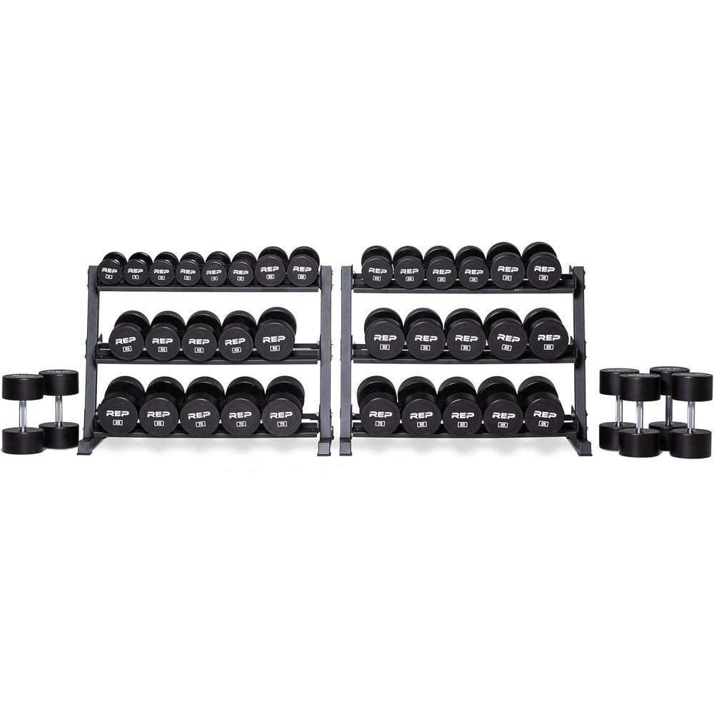 imageREP Fitness Urethane Coated Round Dumbbells 5 to 100 lbs Singles or Pairs With or Without Rack Steel Core Rubber Encased Chrome Handles Professional Weights for Home Gym Strength Training5100 lb set with 3 Tier Rack