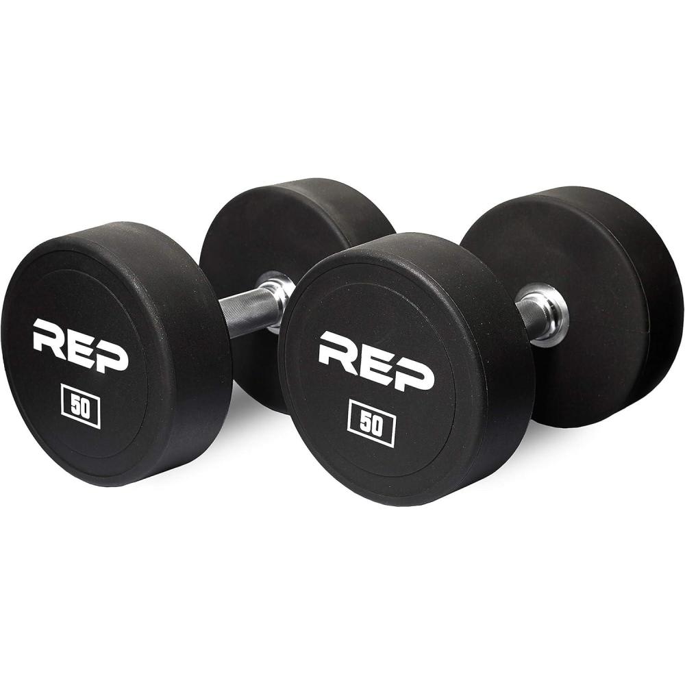 imageREP Fitness Urethane Coated Round Dumbbells 5 to 100 lbs Singles or Pairs With or Without Rack Steel Core Rubber Encased Chrome Handles Professional Weights for Home Gym Strength Training50 lb Pair