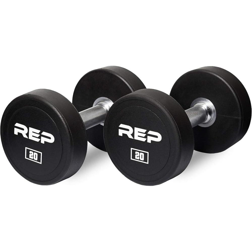imageREP Fitness Urethane Coated Round Dumbbells 5 to 100 lbs Singles or Pairs With or Without Rack Steel Core Rubber Encased Chrome Handles Professional Weights for Home Gym Strength Training20lb Pair