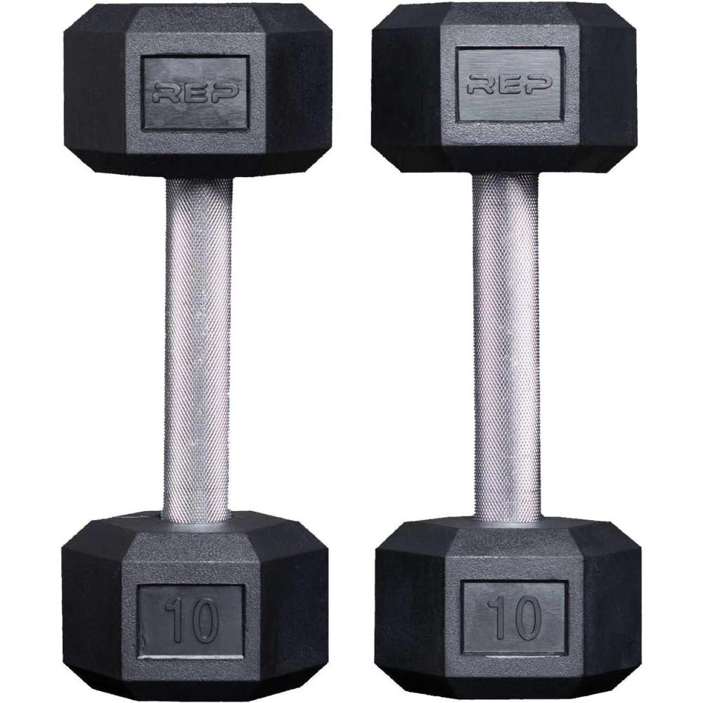 imageRep Fitness Rubber Hex Dumbbells Singles 55LB and Pairs 5LB 50LB Low Odor Fully Knurled Handle10 LB Pair