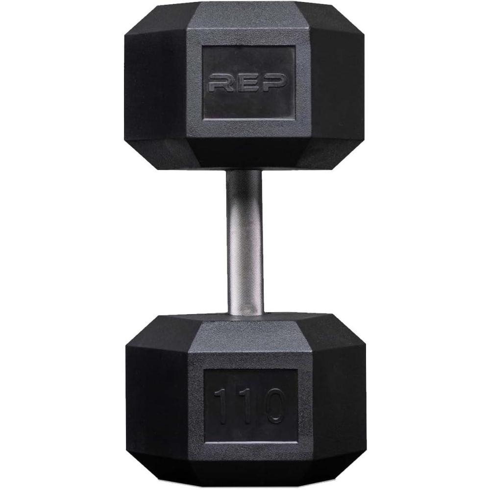 imageRep Fitness Rubber Hex Dumbbells Singles 55LB and Pairs 5LB 50LB Low Odor Fully Knurled Handle110 LB SINGLE DB