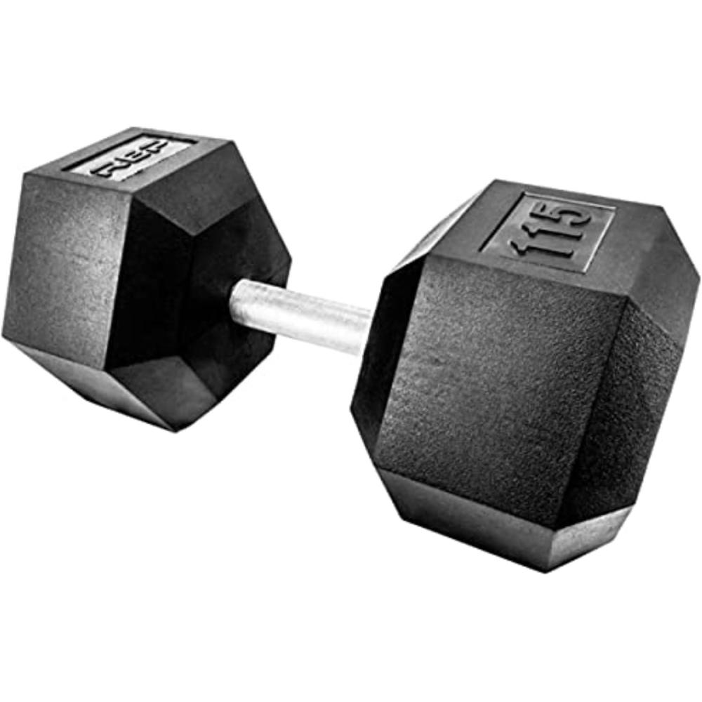 imageRep Fitness Rubber Hex Dumbbells Singles 55LB and Pairs 5LB 50LB Low Odor Fully Knurled Handle115 LB SINGLE DB