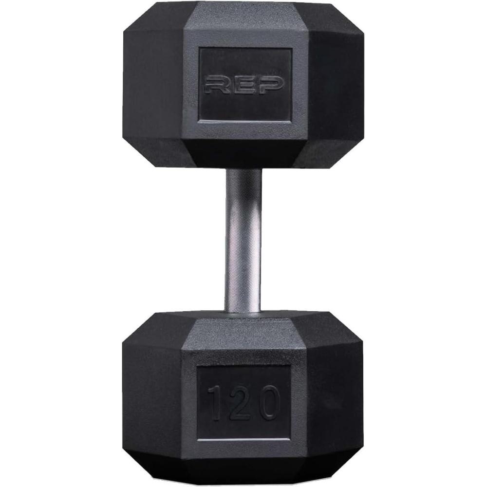 imageRep Fitness Rubber Hex Dumbbells Singles 55LB and Pairs 5LB 50LB Low Odor Fully Knurled Handle120 LB SINGLE DB