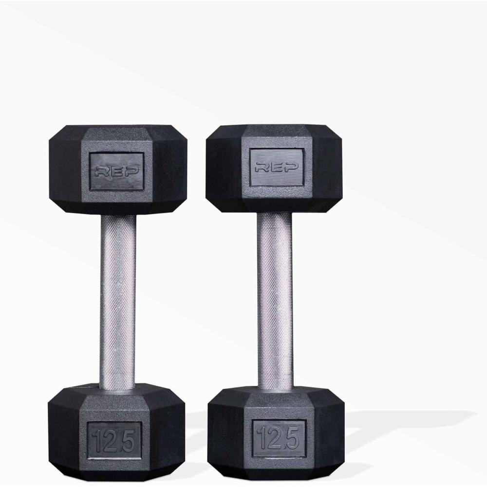 imageRep Fitness Rubber Hex Dumbbells Singles 55LB and Pairs 5LB 50LB Low Odor Fully Knurled Handle125 LB Pair