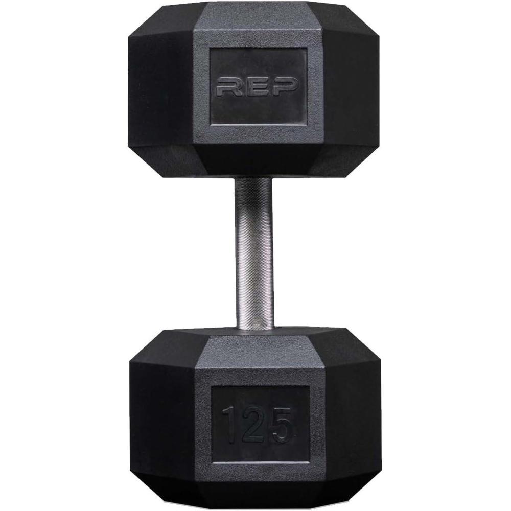 imageRep Fitness Rubber Hex Dumbbells Singles 55LB and Pairs 5LB 50LB Low Odor Fully Knurled Handle125 LB SINGLE DB
