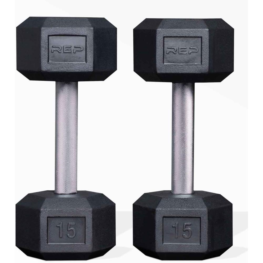imageRep Fitness Rubber Hex Dumbbells Singles 55LB and Pairs 5LB 50LB Low Odor Fully Knurled Handle15 LB Pair