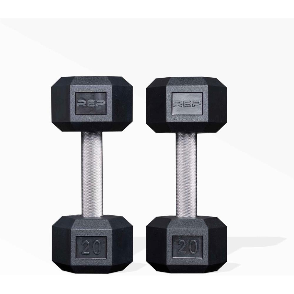 imageRep Fitness Rubber Hex Dumbbells Singles 55LB and Pairs 5LB 50LB Low Odor Fully Knurled Handle20 LB Pair