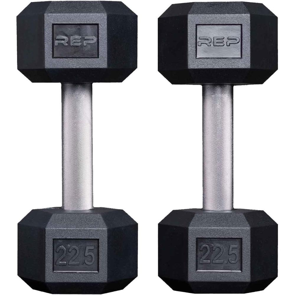 imageRep Fitness Rubber Hex Dumbbells Singles 55LB and Pairs 5LB 50LB Low Odor Fully Knurled Handle225 LB Pair