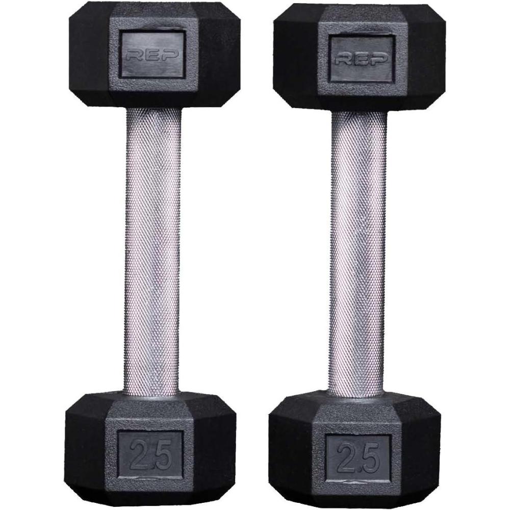 imageRep Fitness Rubber Hex Dumbbells Singles 55LB and Pairs 5LB 50LB Low Odor Fully Knurled Handle25 LB Pair